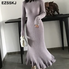 2019 Otoño Invierno grueso sirena maxi suéter vestido mujer cuello redondo largo suéter vestido elegante femenino a-line Delgado sexy Vestido de punto(China)