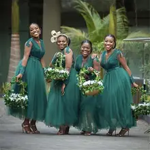 Simple V Neck Green Mermaid Bridesmaid Dresses Tulle Long Sleeves  Wedding Guest Gowns Custom Made  Maid Of Honor Gowns