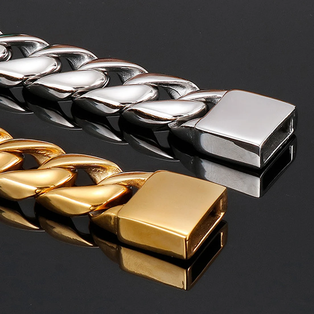 15mm Silver Color/Gold Tone Stainless Steel Bangle Curb Cuban Link Chain Wrist Bracelet for Men Women Free Shipping Jewelry Gift