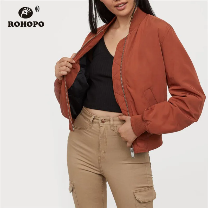 

ROHOPO Autumn Round Collar Bomber Jacket Black Brown Female Solid Elasticity Waist Side Welted Pockets Outwear #19252