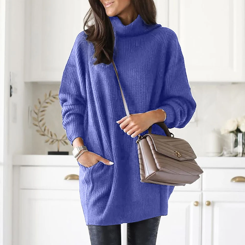 

Fashion Turtleneck Pocket Women's Sweater Solid Long Sleeve Pullovers Loose Warm Soft Knit Long Sweater 3Colors Plus Size