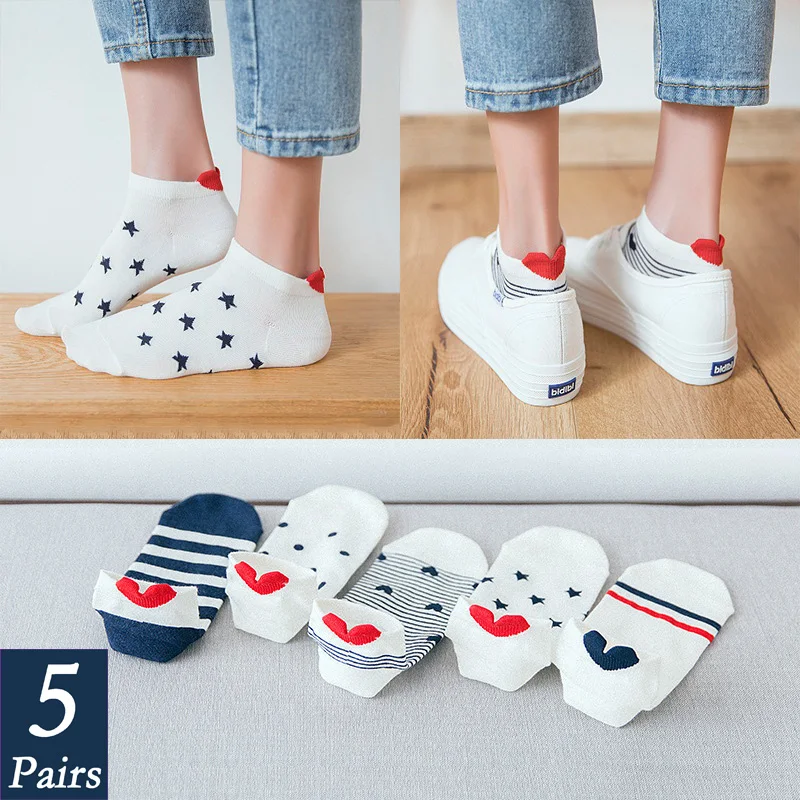 Женские хлопковые забавные невидимые носки с принтом счастливых животных, повседневные короткие носки с мультяшными животными, милые летние тонкие короткие носки, 5 пар/партия