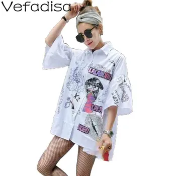 

Vefadisa Graffiti Cartoon Print Women Blouse 2020 Summer Sequin Short Sleeve Top Irregular Women Blouse Black White QYF2310