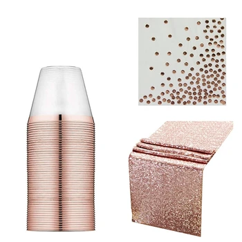 

Rose Gold Plastic Cup Paper Towel Tablecloth Rain Silk Curtain Birthday Party Wedding Decorations