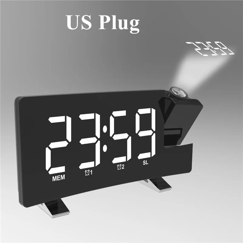 FM радио проекционный будильник 8 дюймов светодиодный экран Поддержка двойные сигналы функция повтора сигнала с usb зарядным портом EU/US Plug - Цвет: White-US Plug