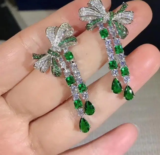 Известный бренд натуральный зеленый хрустальный камень бант длинные серьги с подвесками серьги в виде капли для женщин cz кубический цирконий ювелирные изделия