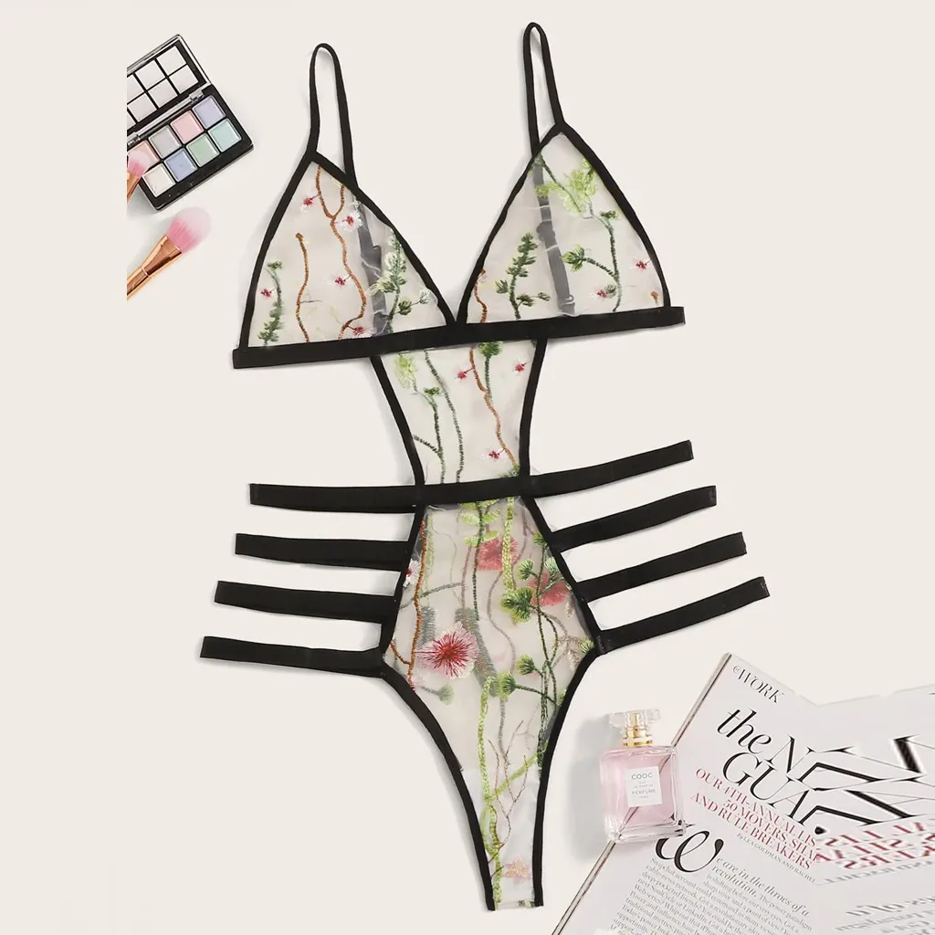 

New Women Flower Embroidery Lingerie Sleepwear Sexy Erotic Transparent Backless Underwear Porno Teddy Lingerie Nightwear
