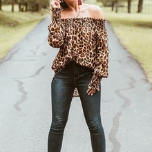 Women T-Shirt  Long Sleeve Off Shoulder Sexy Tops  Leopard Print Femal tshirt  Puff Sleeve Women Clothes #E