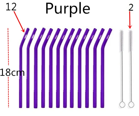 12 шт. стеклянные соломинки прозрачные Изогнутые 18 см "х 8 мм-идеальная многоразовая соломинка для смузи, чая, сока-с 2 шт. чистящей щеткой - Цвет: 12 purple 2brush