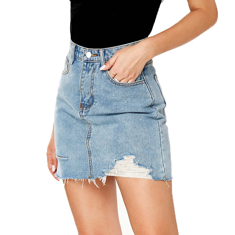 Summer European and American broken hole women's bag hip skirt denim skirt long skirts