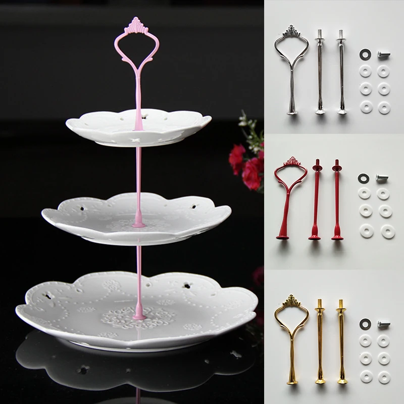 3 Tier Cake Cupcake Plate Stand Handle Hardware Fitting Holder Silver Crown 