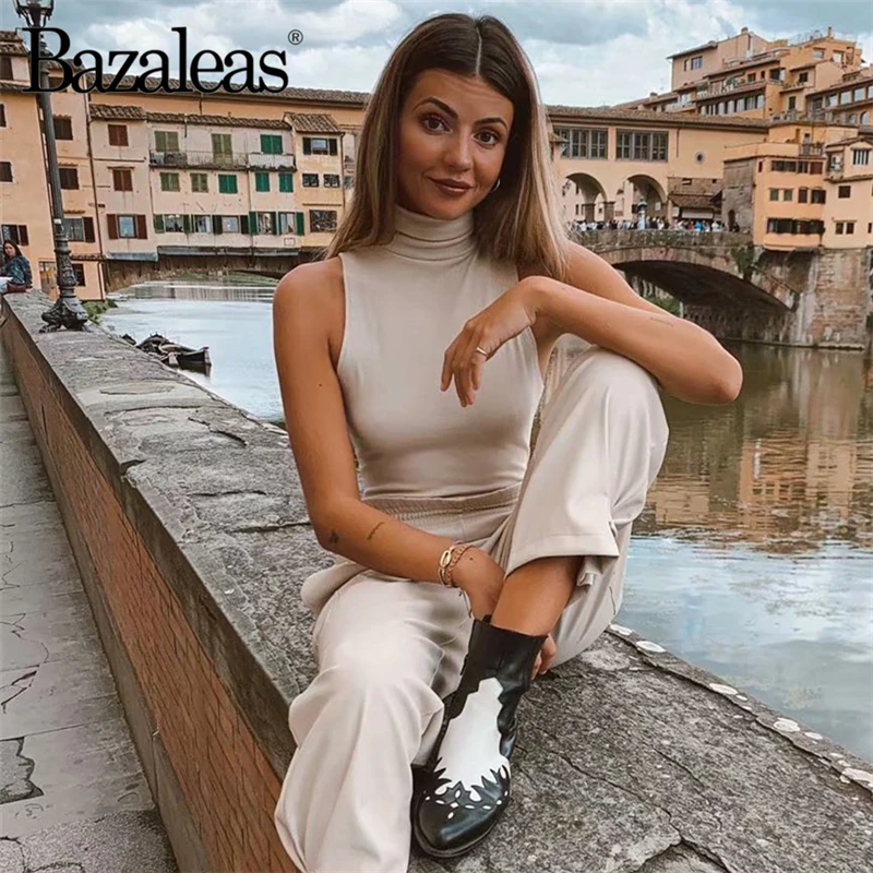 Bazaleas, Ретро стиль, тонкий кремовый боди, модный, без рукавов, ropa mujer, элегантный комбинезон с высоким воротом, Повседневный, винтажный, сексуальный комбинезон