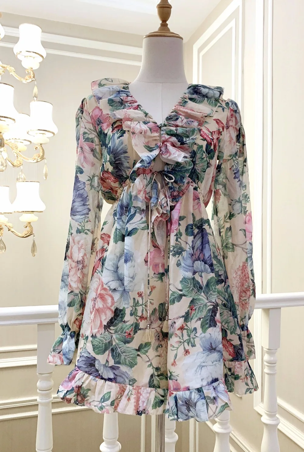 Women's New Summer Linen+ Silk Printing V-neck Long Sleeve Lacing Ruffle Fashion Playsuits