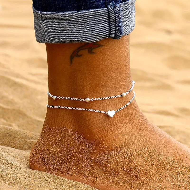 Two Layers Chain Heart Style Gold/Silver Color Anklets For Women Bracelets Summer Barefoot Sandals Jewelry On Foot Leg silver anklet bracelet ankle chains