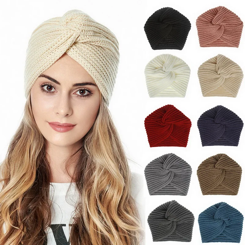

Boho Style Women Knot Bandanas Fashion Knitting Warm Muslim Scarf 2020 Autumn Winter Turban Cap Solid Color Cross Headscarf