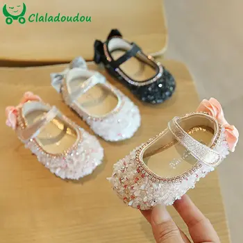 

11.5-15.5cm Glitter Diamonstone Toddler Drance Shoes Bling Bowtie Shine Flats Shoes Baby First Birthday Party Shoes 0-1-2-3Years