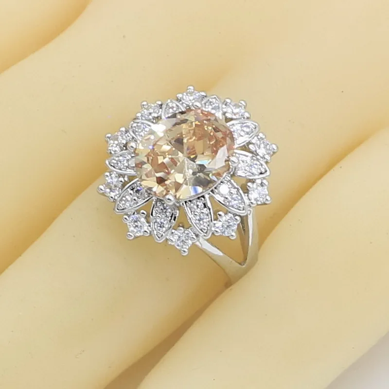 Свадебные Ювелирные наборы для женщин, оранжевое циркониевое 925 серебряное ожерелье, подвеска, серьги, кольцо, браслет, подарок на день рождения - Окраска металла: Ring