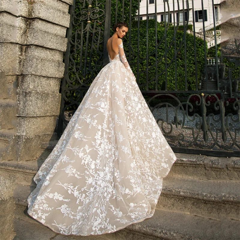 Кружевное свадебное платье с длинным рукавом,, иллюзия, открытая спина, принцесса, бохо, кружевное свадебное платье размера плюс, платье невесты, Аманда новиас