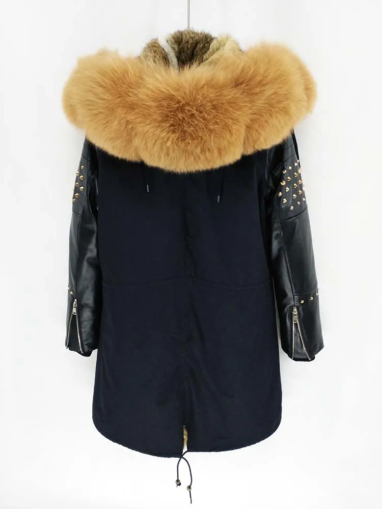 Женская куртка с кожаными рукавами OFTBUY, из овчины с заклепками и натуральным лисьим мехом на воротнике и капюшоне, зимняя длинная парка, верхняя одежда - Цвет: 6