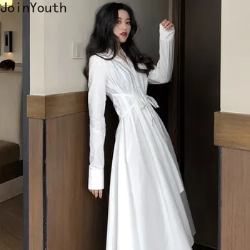 

Joinyouth White Long Sleeve Irregular Midi Dress 2020 Spring Korean V-neck Elegant Vestidos Bandage Slim Waist Dresses 58586