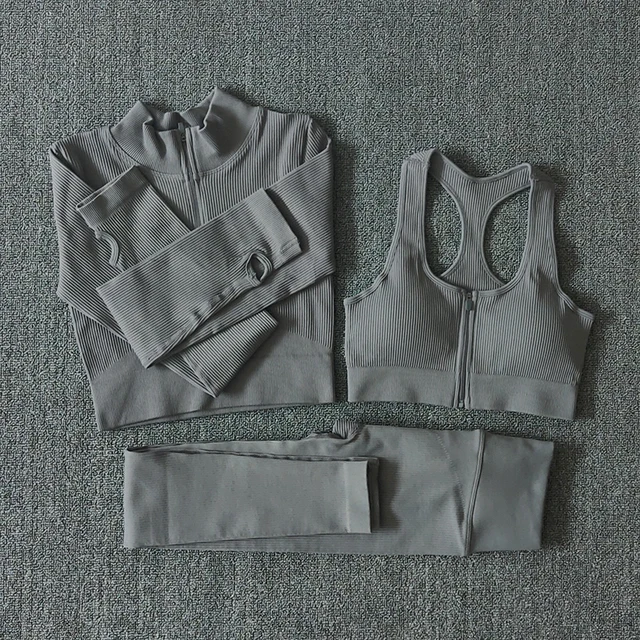 Seamless Women Yoga Set Workout Sportswear Gym Clothing Zipper Long Sleeve High Waist Leggings Fitness Bra Athletic Sports Suits 3PCSGray