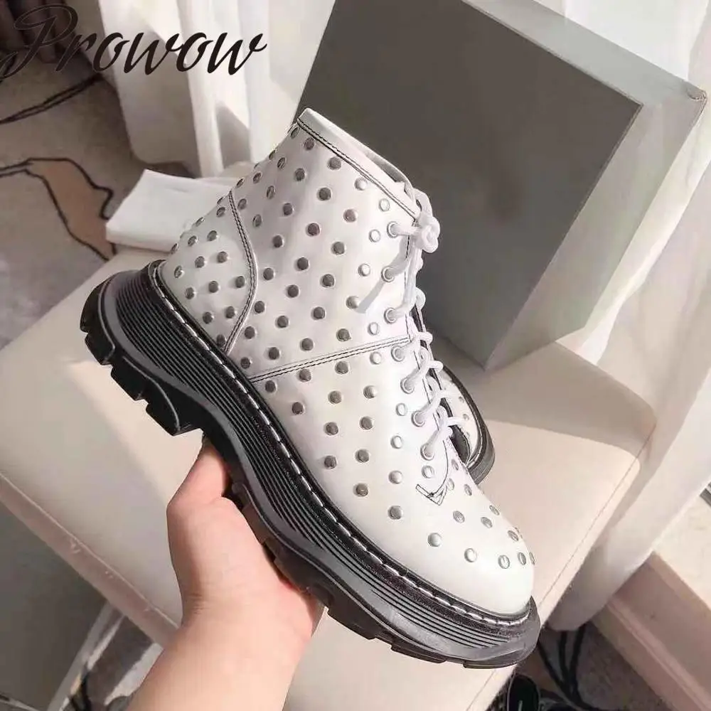 

Prowow New Genuine Leather Metal Studded Ankle Boots Round Toe Lace Up Punk Cool Boots Shoes Women