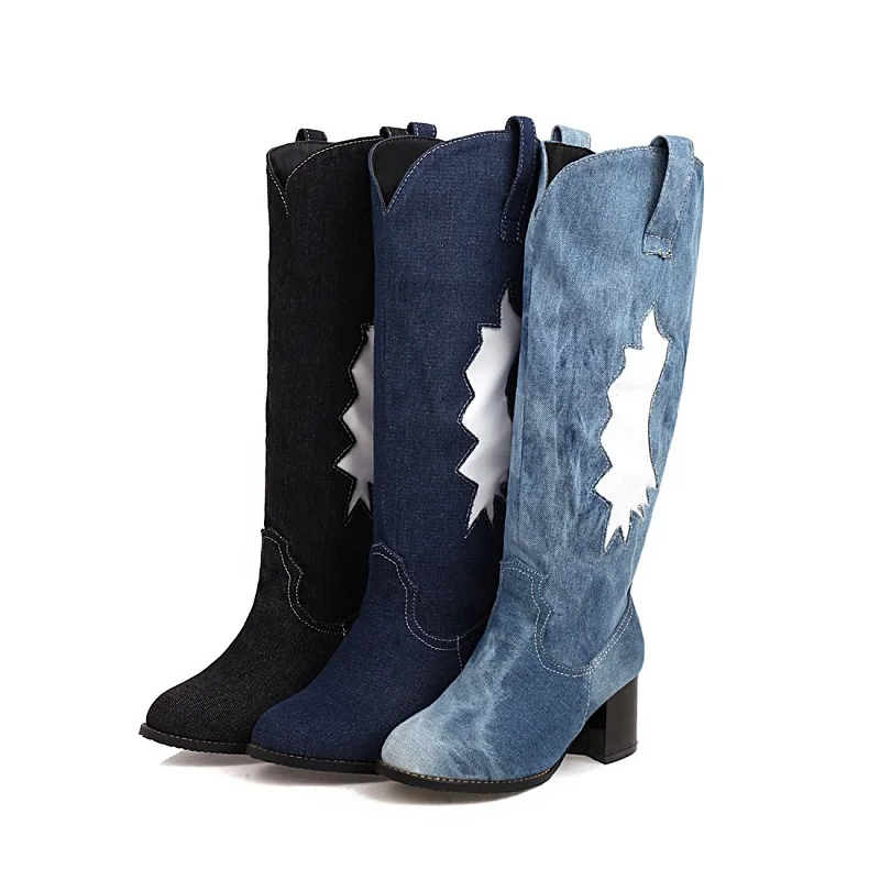 Women Shoes Denim Knee High Boots Autumn Winter Heels Cowboy Zapatos Mujer Platform Punk Ladies Long | Обувь