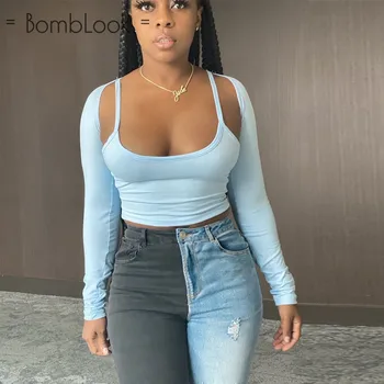 

Bomblook 2020 Casual Women Crop Top Solid Color Fake Two-Piece Cozy Slim Sling Fashion Party Streetwear Fall Winter Clothes