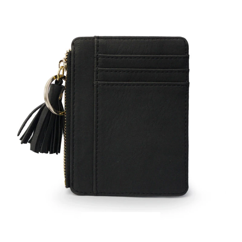Тонкий женский кошелек, короткая сумка, маленькая сумка из искусственной кожи, держатели для кредитных карт, тонкие кошельки на молнии с кисточками, карман для монет, модный клатч - Цвет: Black