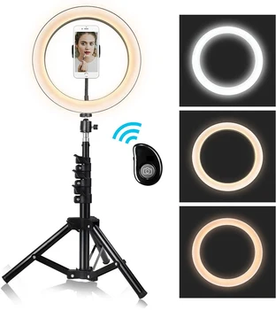 

10 inch Ring Light with Tripod Stand Adjustable,Dimmable Camera Lights with Cell Phone Holder for YouTube/ Makeup Video