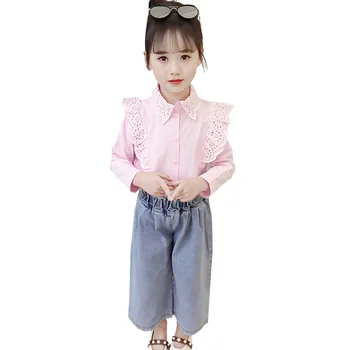 

Clothes For Girls Lace Neck Clothing For Girls Blouse + Jeans Girls Clothes Set Casual Style Children's School Clothes Set