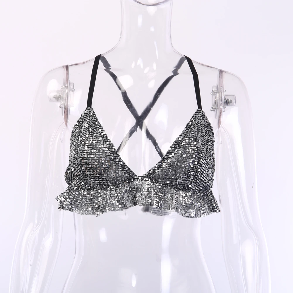 Women Sling Bralette Bra Sequin Crop Top Sexy Shiny Camisole sleeveless top women Ruffle Push Up Camis Women Clothing
