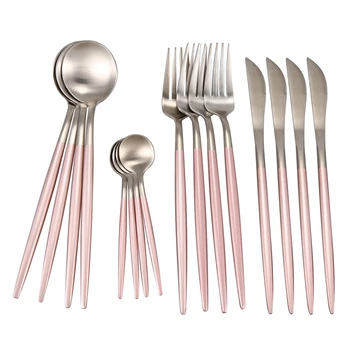 

Fashion16Pcs Stainless Steel Dinnerware Set Knife Fork Spoon Cutlery Set Tableware Silverware Sets,Pink&Silver