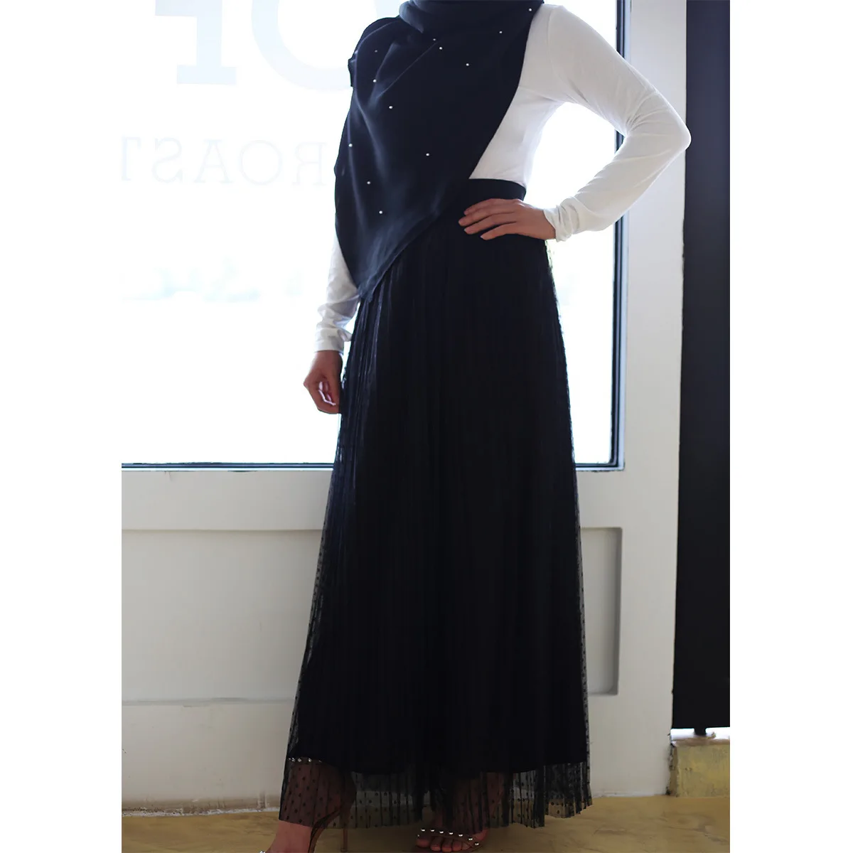 Шифоновые мусульманские юбки Женская сетчатая двухслойная плиссированная