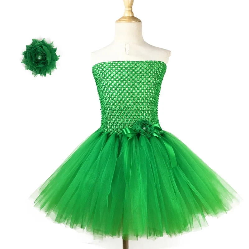 Lovely Girls Green Tutu Dress Baby Crochet Corset Tulle with Ribbon Bow Flower Hairclip Kids Christmas Party Costume | Детская одежда и