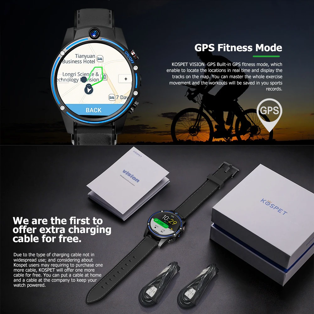 Kospet Vision, умные часы, 4G, сетевой телефон, 3 Гб ОЗУ+ 32 Гб ПЗУ, двойная камера, ips, долгий режим ожидания, gps+ ГЛОНАСС, для iOS 9,0 и Android
