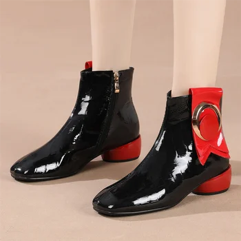 

Mid-heel Leather Short Boots Metal Decorative Zipper Womens Shoes 2020 New Square Toe Round Heel Autumn Winter Zip Ankle Boots