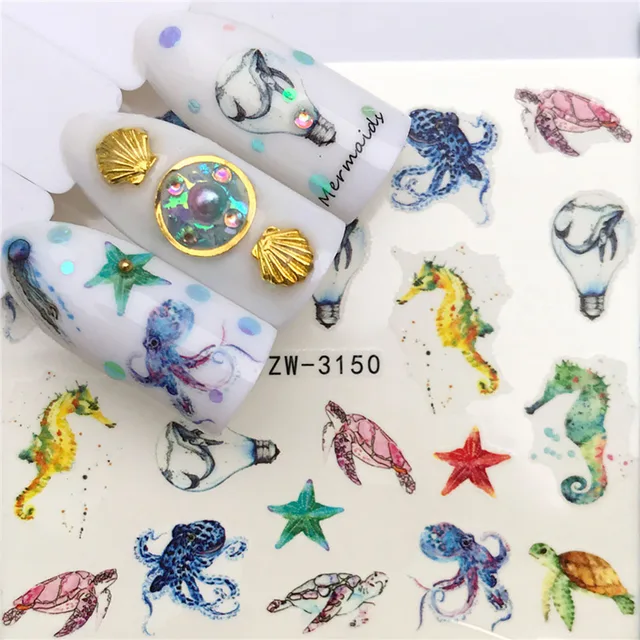 Nails Stickers Maple Leaf Seahorse Nail Sticker Pattern Transfer Nails Series Watermark Nail Decals Flowers Butterflies Color YZW-3150