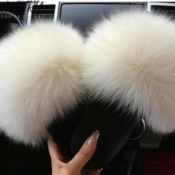 

2020 Brand Luxury Fur Slippers Women Real Fox Fur Slides Home Furry Flat Sandals Female Cute Fluffy House Shoes Woman