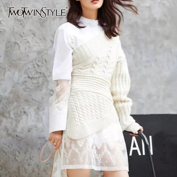 

TWOTWINSTYLE One Shoulder Knitting Sweaters For Women Irregular Long Sleeve High Waist Casual Autumn Sweater Female Fashion 2020