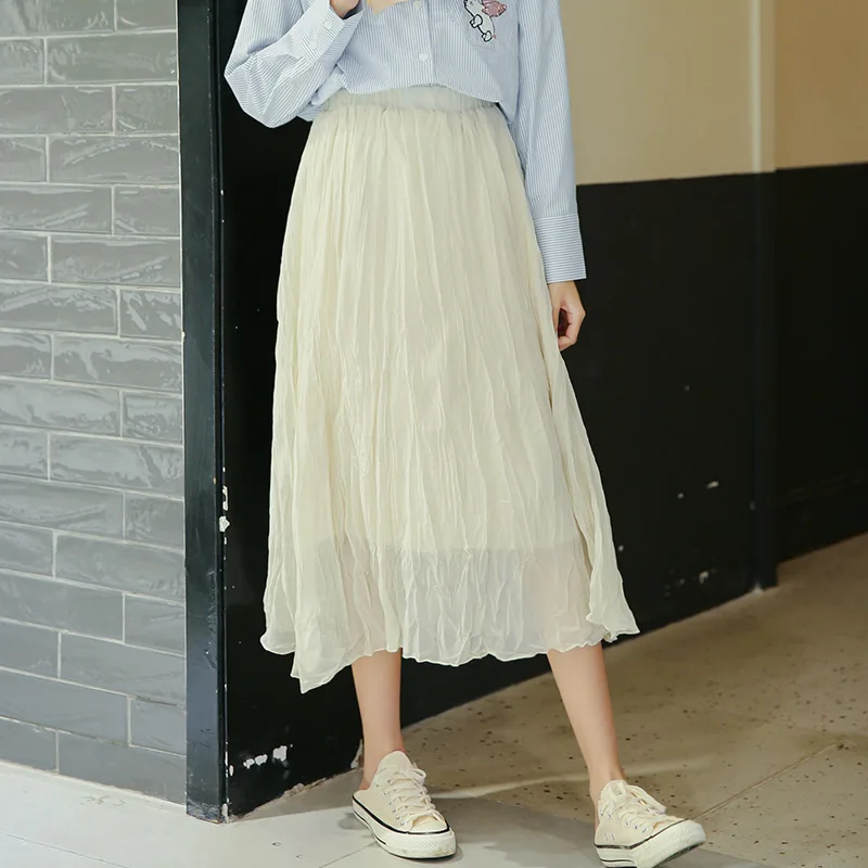 

Spring New Style Elastic Waist Creased Pleated Skirt Wave Medium-length Dress Drape A- line Long Skirts