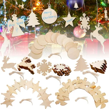 

72pcs Door Christmas Wooden Ornaments Window Staircase Wooden Christmas Tree Hanging Ornaments With Ropes