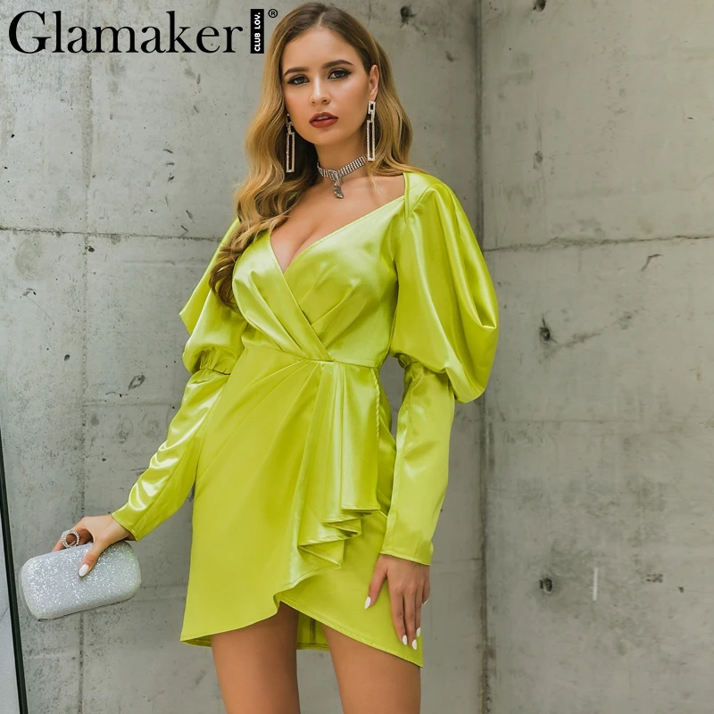 Glamaker, сексуальное, сатиновое, с v-образным вырезом, желтое, короткое платье, для женщин, Осеннее, элегантное, мини платье с запахом, вечерние, для ночного клуба, с рукавами фонариками, облегающее платье