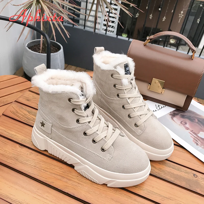 Aphixta Platform Shoes Winter Snow Boots Women Ankle Boots Flat Heel Star Lace-up Fur Bottes Flock Warm Plush Shoes Woman Boot