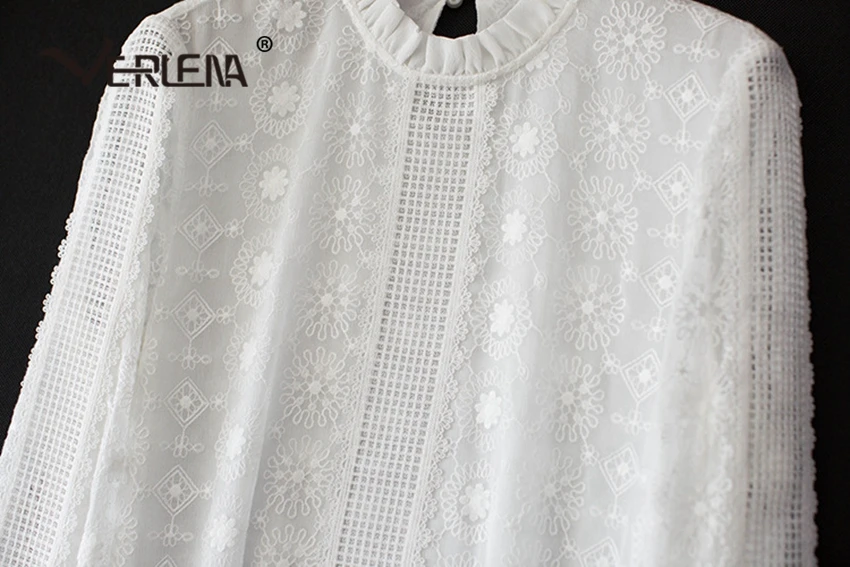 Verlena, шелк, белая кружевная блузка, элегантная, очаровательная, вышивка, женские блузки,, длинный рукав, милая рубашка, жемчужные пуговицы, женские топы