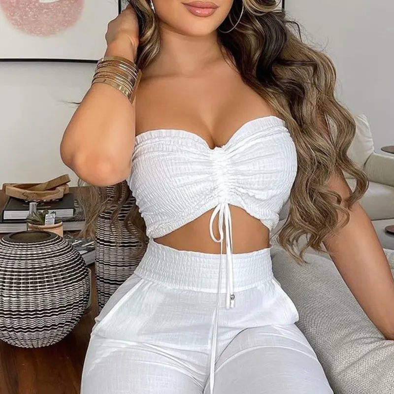 green pant suit 2021 Summer Women Casual White Two Piece Suit Sets Sleeveless Drawstring Bandeau Crop Top & Shirred High Waist Long Pants Sets pant suits for older ladies