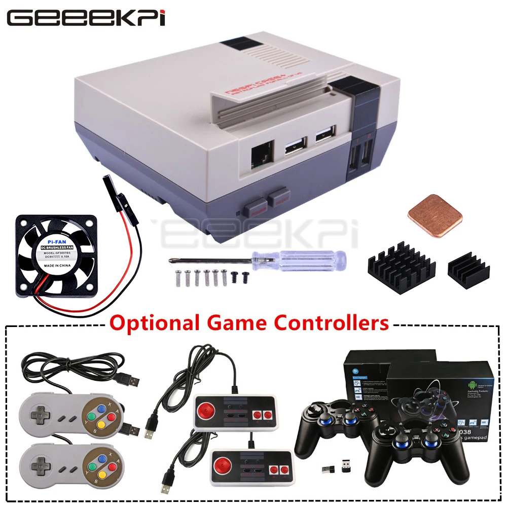 Case + Mais Controladores de Jogo sem Fio para Raspberry Kit com Ventilador + Opcional b + – Geeekpi Nespi Retroflag Snes Turbo 2.4g pi 3 2b –