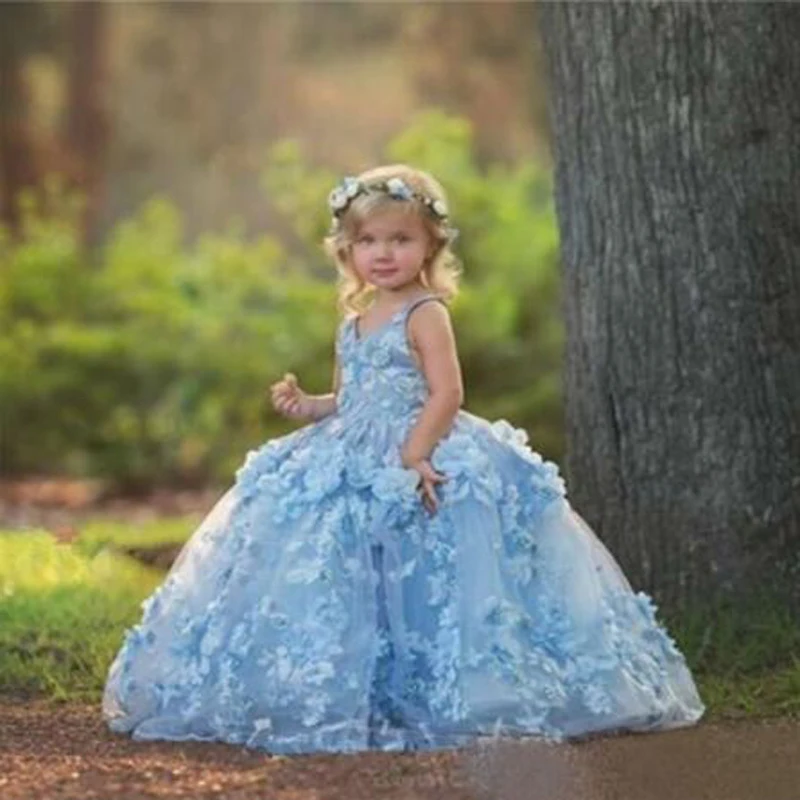 Светло-голубое кружевное бальное платье с аппликацией, Платья с цветочным узором для девочек милое платье без рукавов с v-образным вырезом