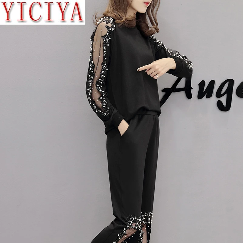 

Winter Fall Plus Size Large Black Two 2 Piece Set Tracksuit Women Outfits Matching Set Long Sleeve Hollow Beaded Suit Female