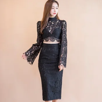 

Sexy Two-Piece Full Lace Sets Women's Two-Piece Cloth Flare Sleeve Crop Blouse Pencil Midi Skirt Suits Female Party Dress